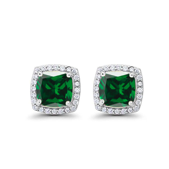14k White Gold Plated 3 Ct Created Halo Princess Cut Emerald Stud Earrings