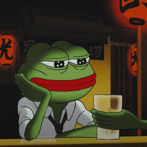Sad pepe sitting lonely in a bar and getting a drink 