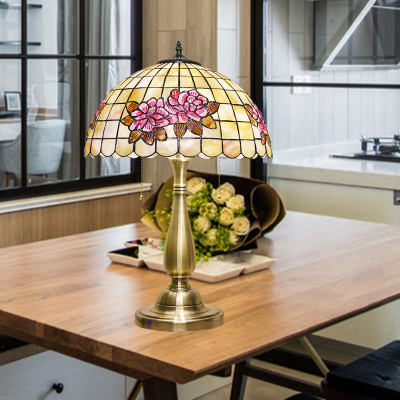 Eleanor - Flower Flower Pattern Grid Shell Table Lamp Tiffany Style 2 Bulbs Gold Finish Night Stand Light with Pull Chain