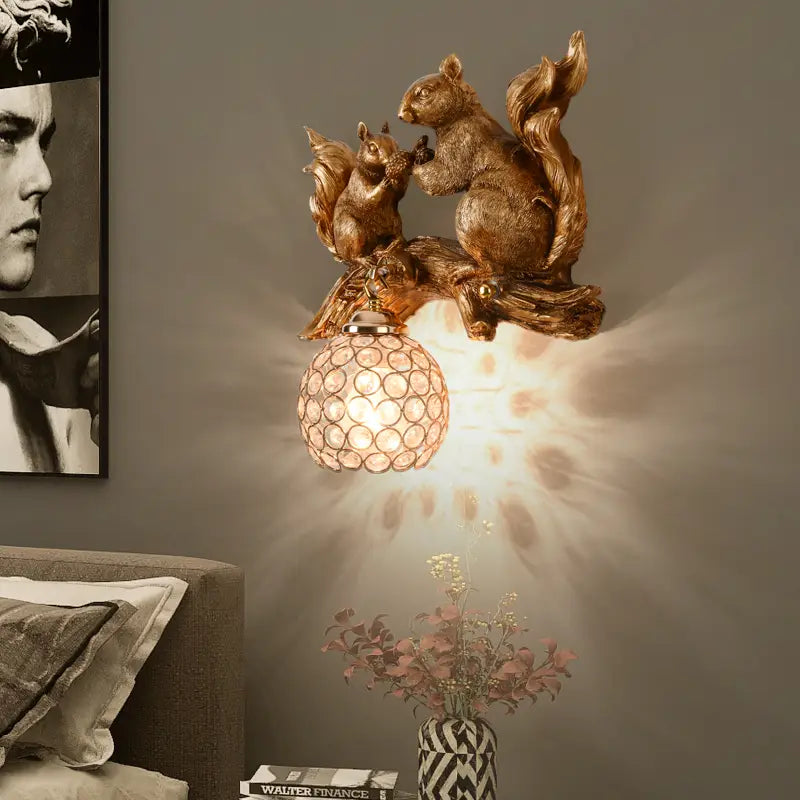 Nordic Vintage Style Resin Squirrel Crystal Led Wall Lamp