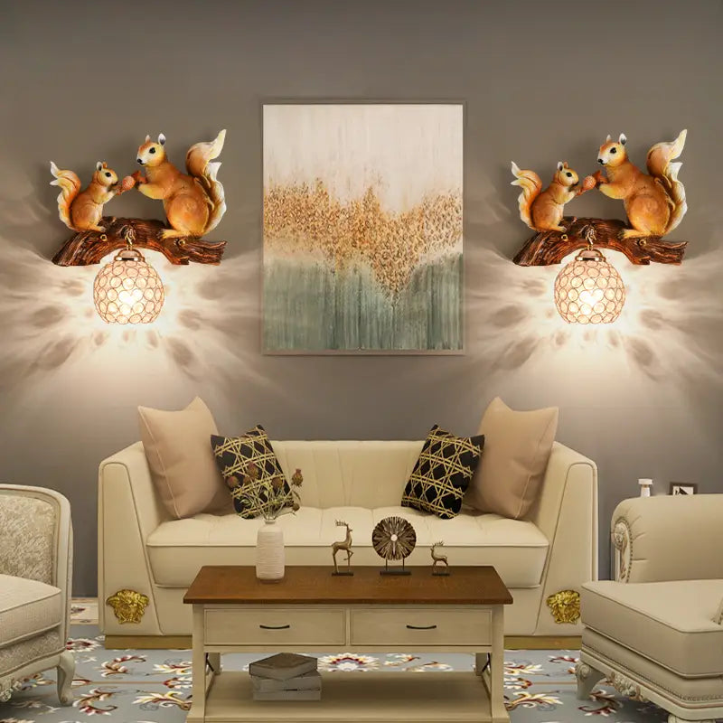 Nordic Vintage Style Resin Squirrel Crystal Led Wall Lamp