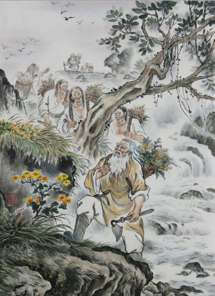 Shen Nong and his subjects set off from their hometown of Suizhou, Lishan, heading towards the northwest mountains where the most medicinal herbs grew