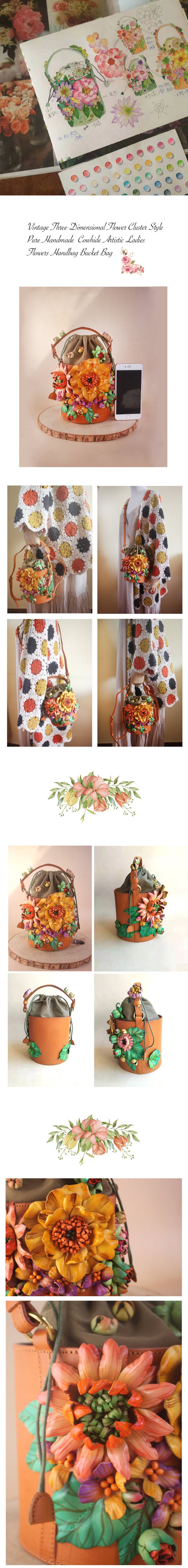 Vintage Three-Dimensional Flower Cluster Style Pure Handmade Cowhide Artistic Ladies Flowers  Handbag Bucket Bag