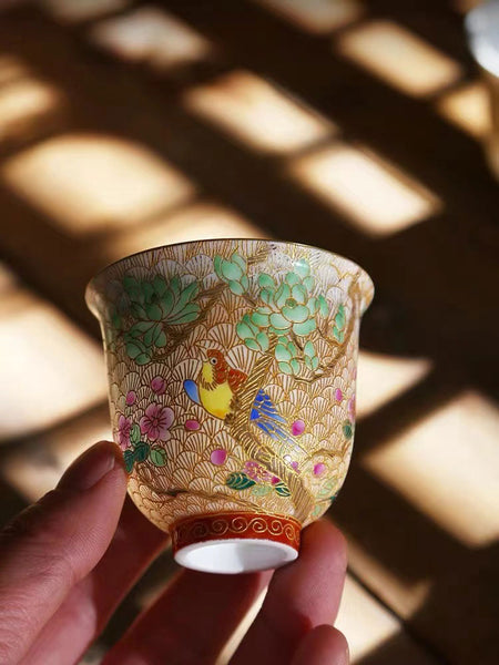 Tasse à thé en émail cloisonné de style royal de la dynastie Qing rétro avec pie et fleur d'abricot-02