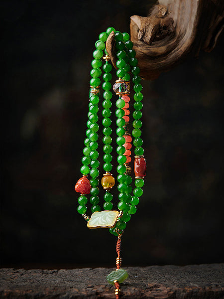 Vintage Chinese Style Spinach Green Natural Jade Beaded Necklace with Multi-Gemstone