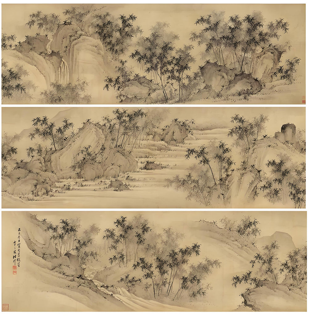 The ink bamboo painting "Myriad Bamboo Stalks in Mist and Rain" by the Qing Dynasty painter Zhu Sheng.