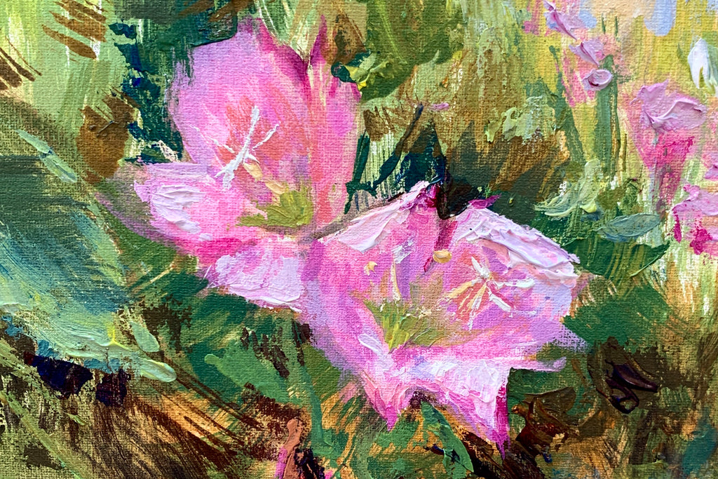 Close up detail of impressionist nature painting with pink flowers and greenery