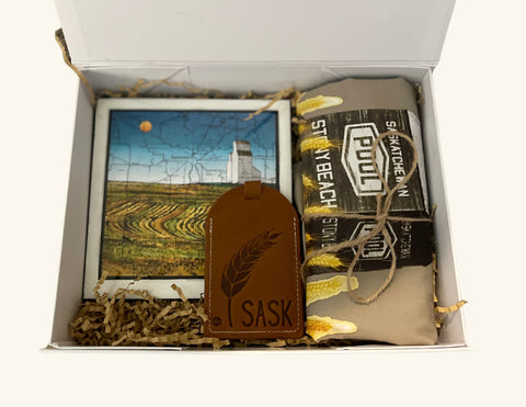 Giftbox with Saskatchewan Artist Tile, Grain Elevator Apron and Wheat Leather Luggage Tag