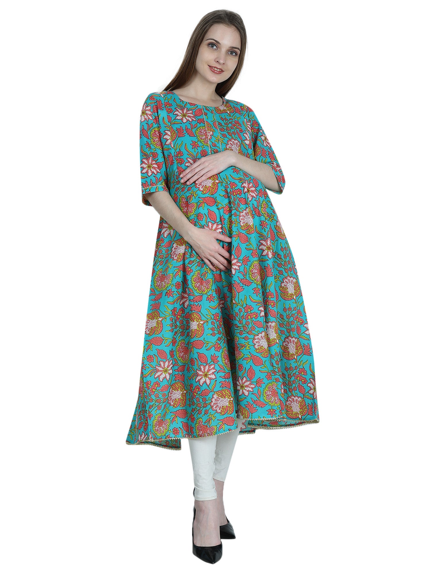 White printed cotton maternity nursing feeding kurti 