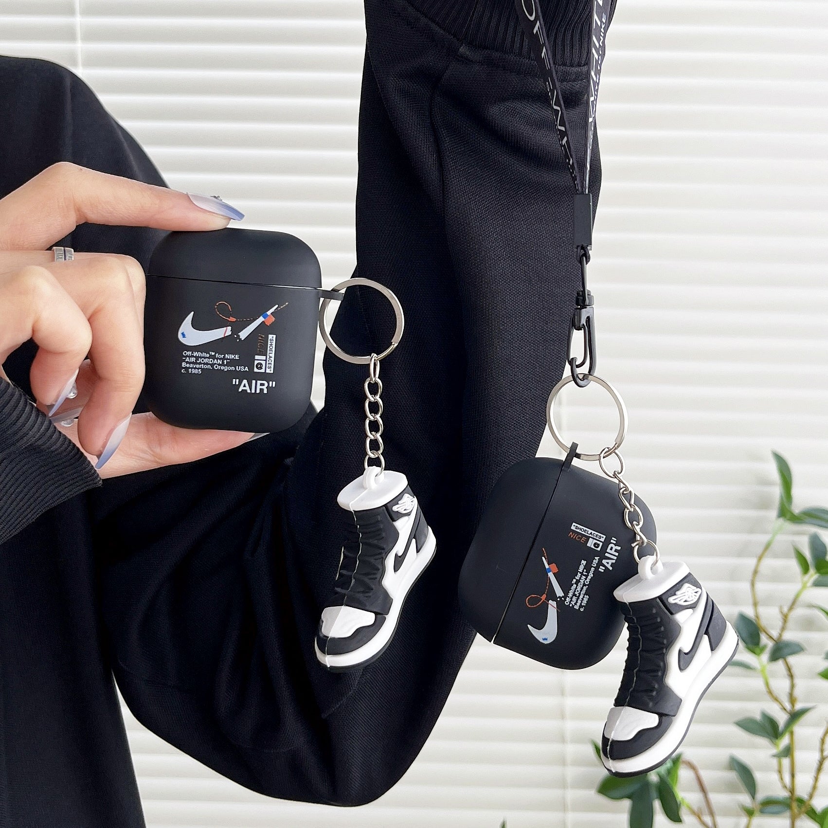 Nike Off-White Apple Black AirPods Case Cover For 1st/2nd/3rd/Pro/Pro2 Case with 3D Shoe Kerychain & Lanyard. 3 PCs Bundle Set.