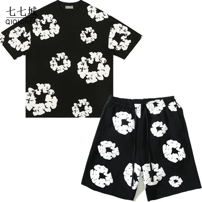 Hip Hop Men's Sets Kanye Kapok Full-printed Foam Print T-shirt Drawstring Loose Shorts Casual Suit Summer Unisex Streetwear New