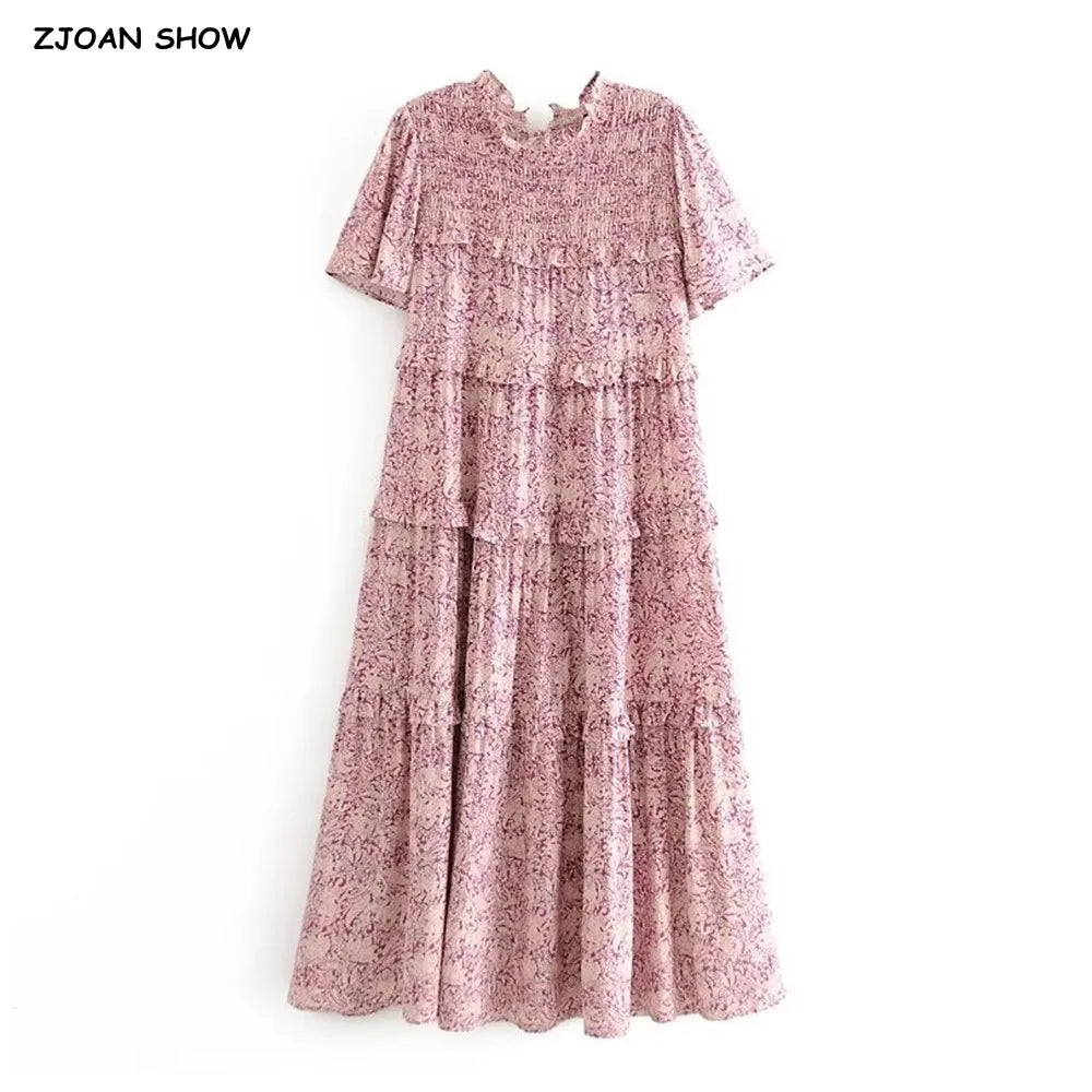 BOHO Paisley Flower Print Midi Dress Hippie Ruffles Robe