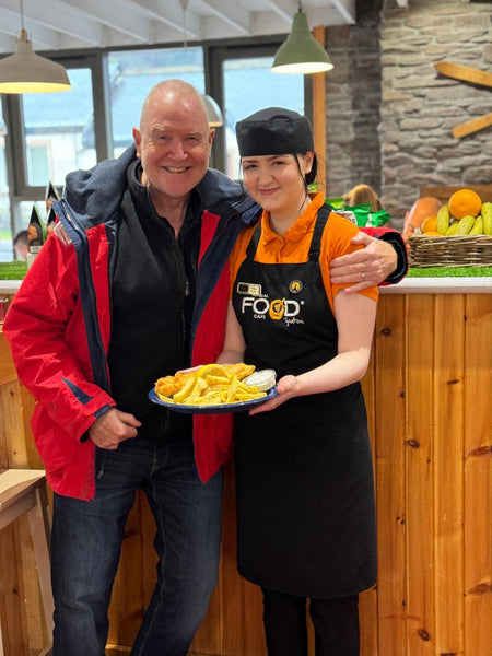 Imogen Atkinson with Alan McColm from The Real Food Cafe in Tyndrum celebrating shortlist to top 6 Young Fish Frier of the Year in the National Fish & Chip Awards 2024