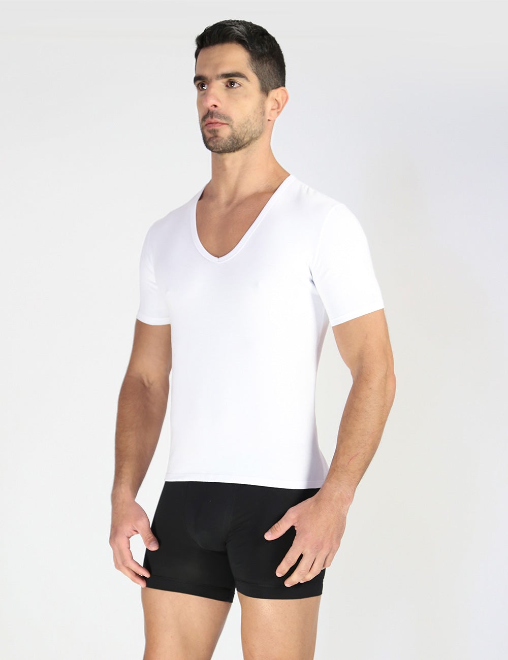 Fitted Deep V Neck T Shirt - White – JJ Malibu