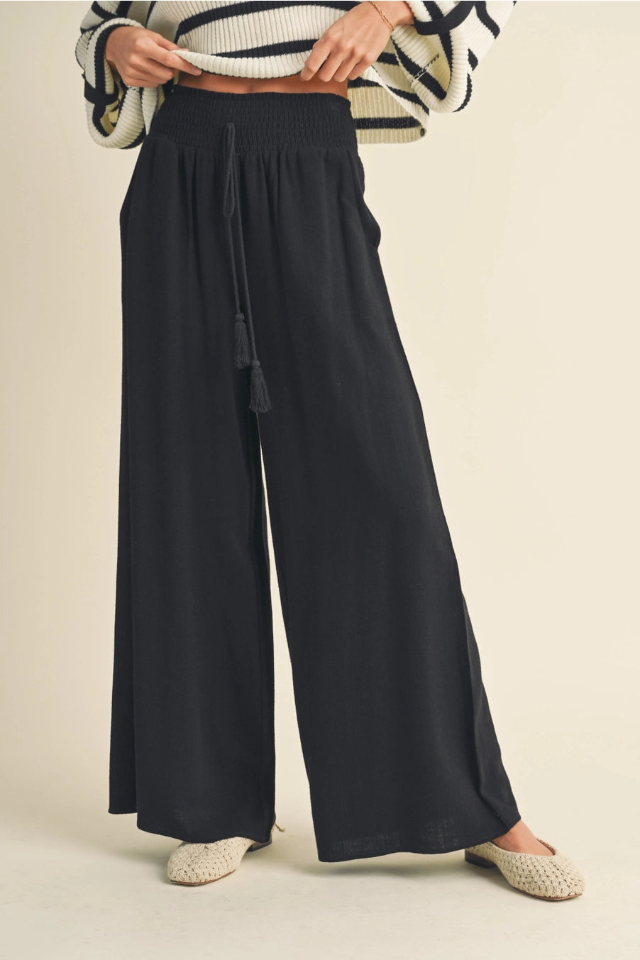 Wide-Leg Cotton-Linen Smocked-Waist Pants with Tassel