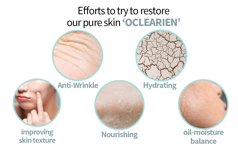 wrinkle, dead skin cells, cracked skin, improving skin texture, and pores pictures in circle shapes