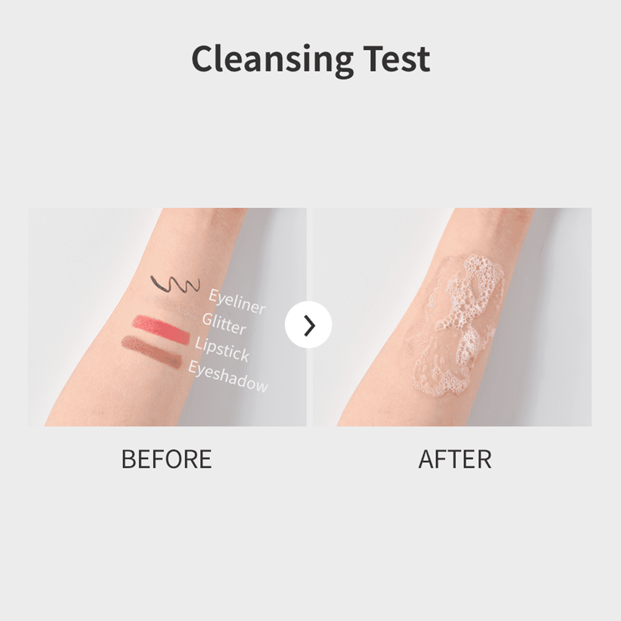 comparing makeup arms before and after using cleanser