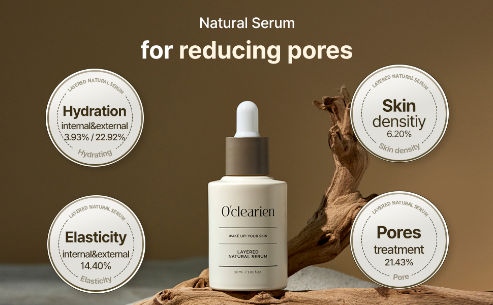 Natural serum's bottle and package on rocks. above that, serum's features in text