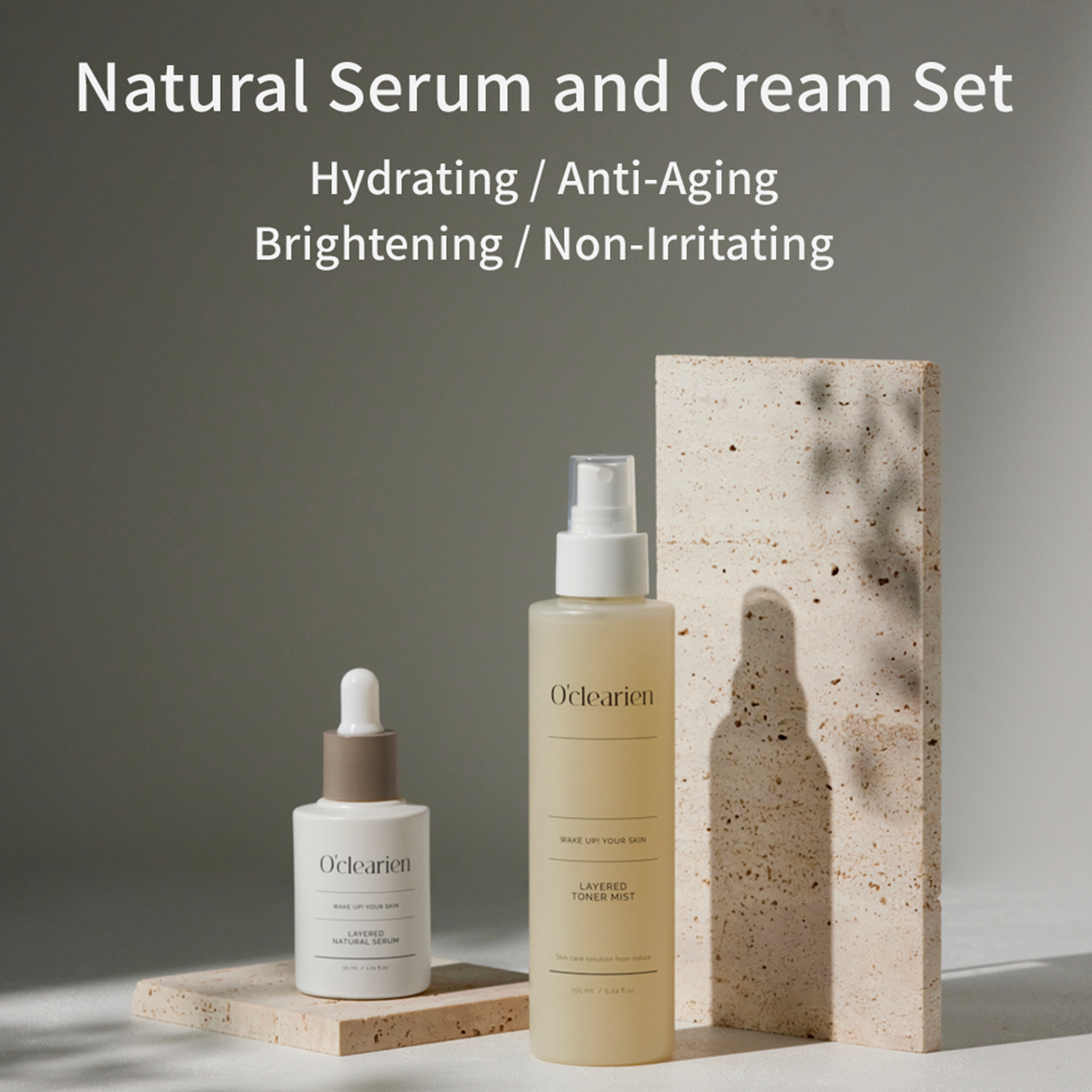 Serum and toner mist are there in front of rocked wall