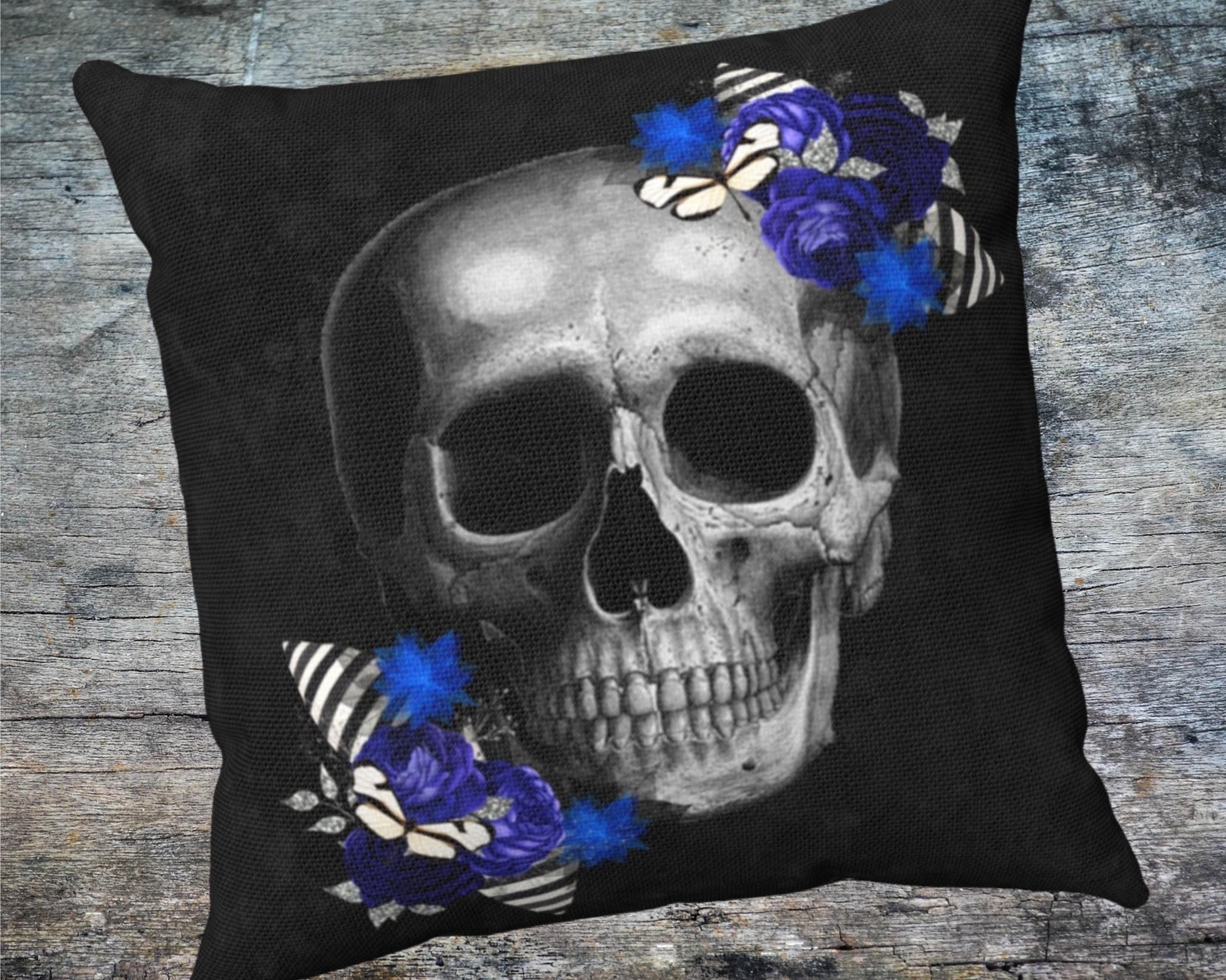 Blue Roses and Skull Throw Pillow