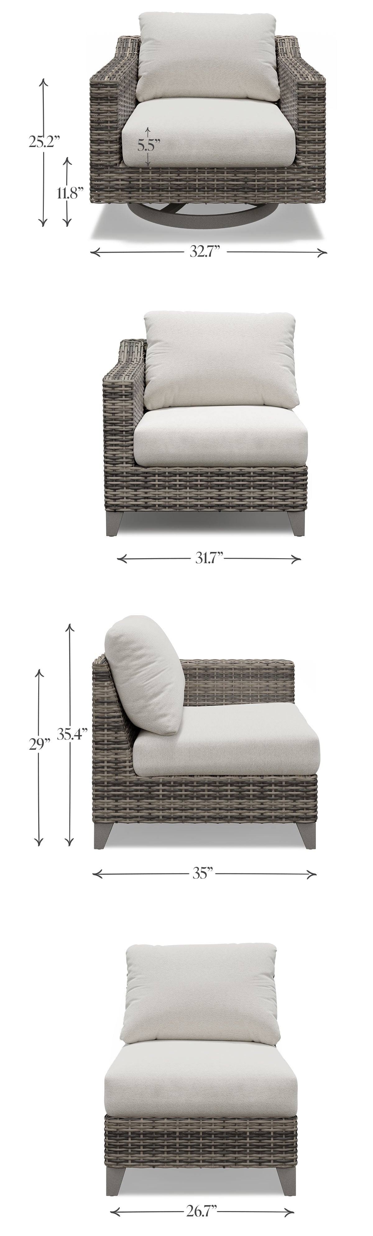 Patio Sofa set with Swivel Rocker Club Chairs Sizes