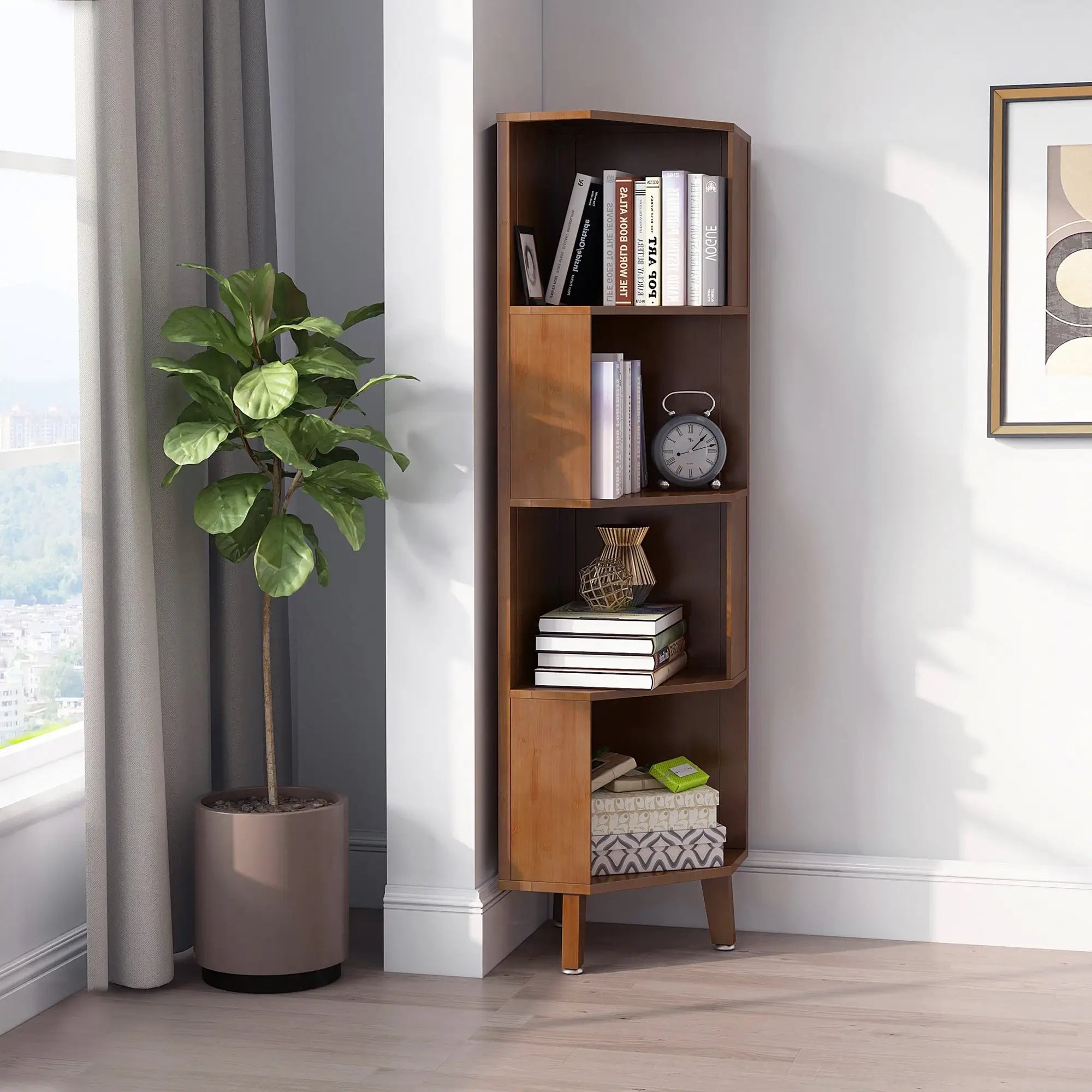 Industrial Corner Bookcases Bamboo Display Storage Stand_1