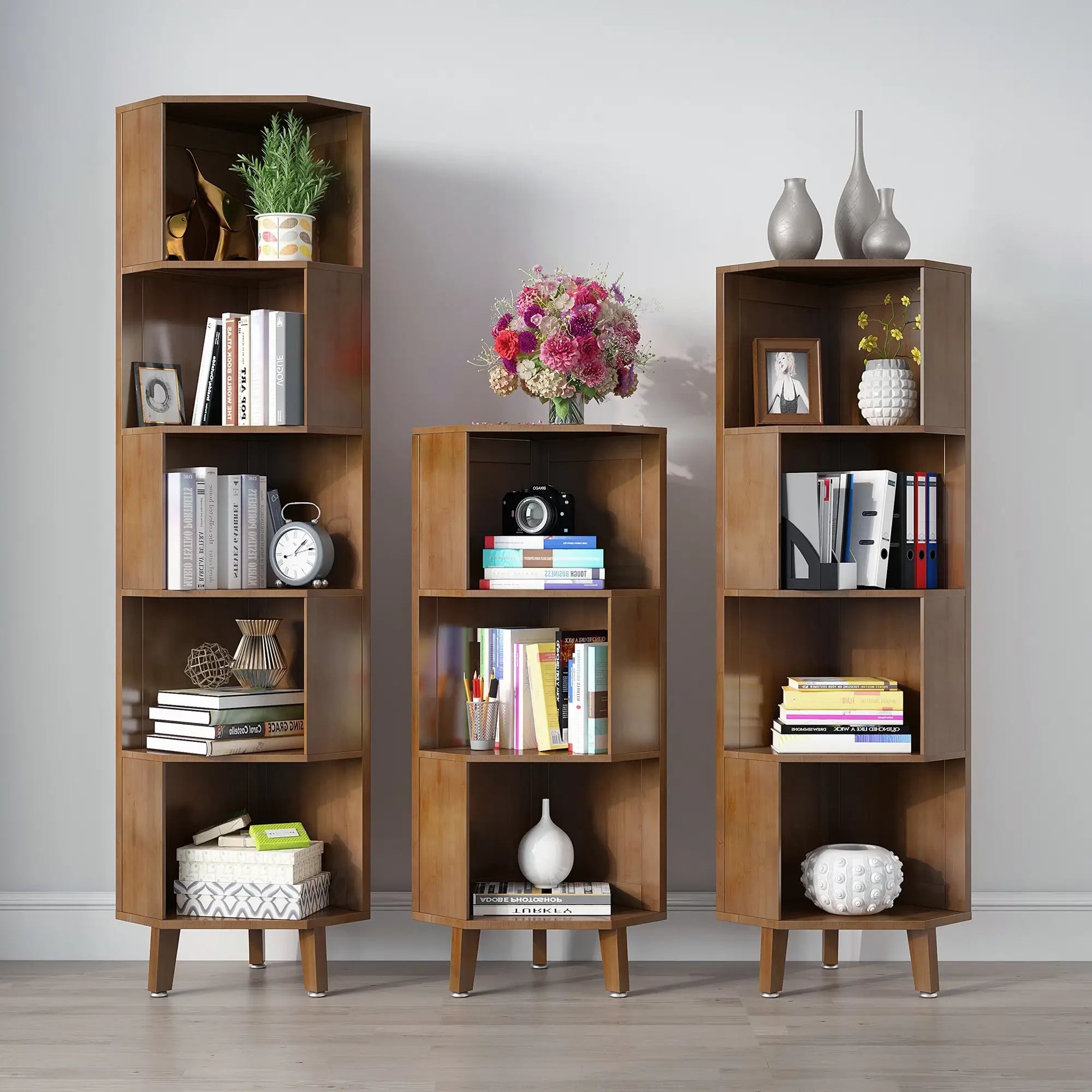Industrial Corner Bookcases Bamboo Display Storage Stand_4