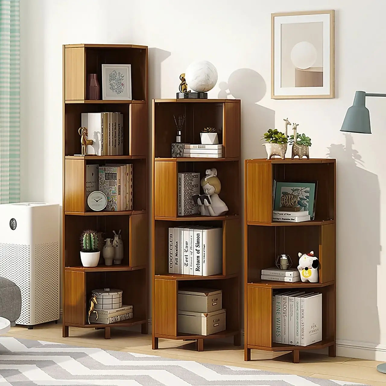 Industrial Corner Bookcases Bamboo Display Storage Stand_5