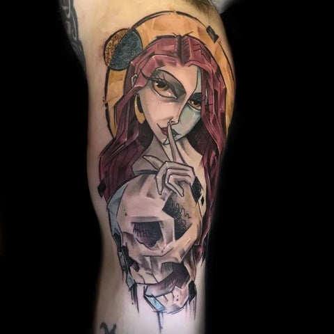 Colorful tattoos of women and skulls by @alkinsellatattoos