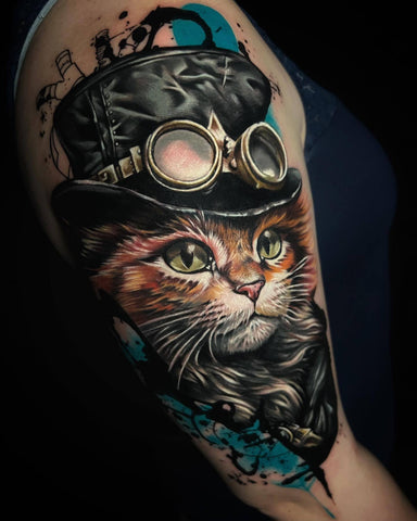 colorful cool cat tattoo by Emalla sponsored tattoo artist Ina Pinapple