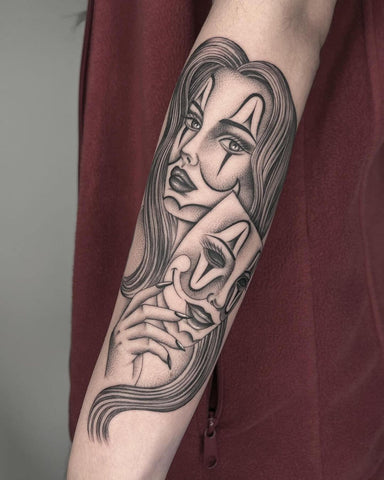 Black and grey style tattoo of a woman holding a mask by @dianaregalado