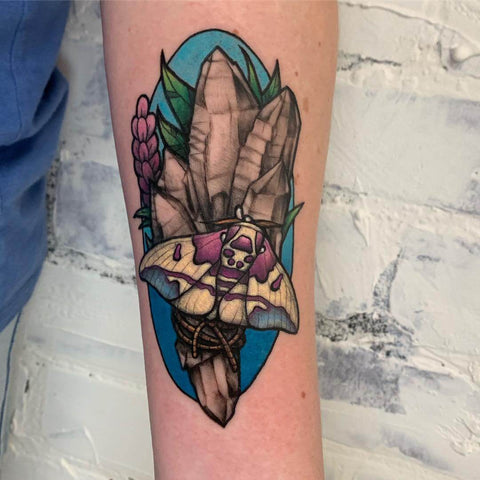 Colorful tattoos of butterflies and flowers by @devo1art