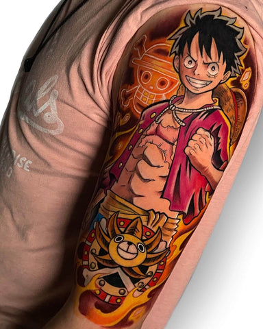 Colorful tattoos of the anime character Monkey-D-Luffy