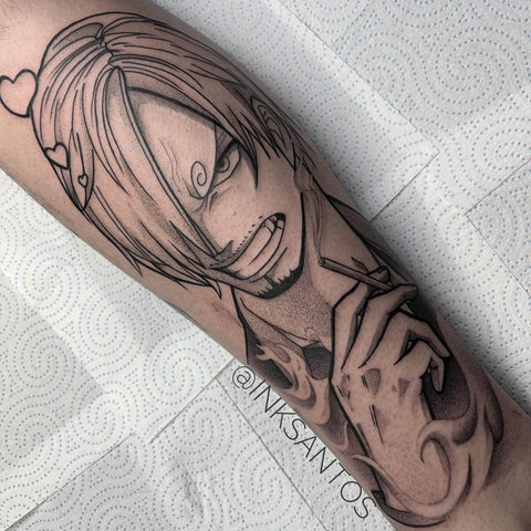 Black and gray tattoo of the anime character Vinsmoke Sanji