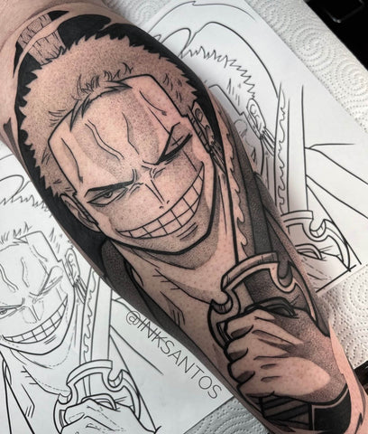 Black and gray tattoo of the anime character Roronoa Zoro