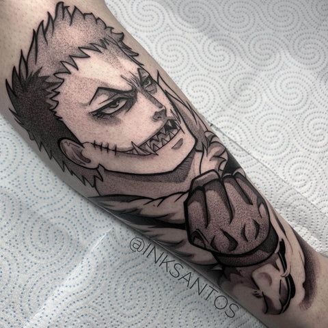 Black and gray tattoo of the anime character Charlotte Katakuri