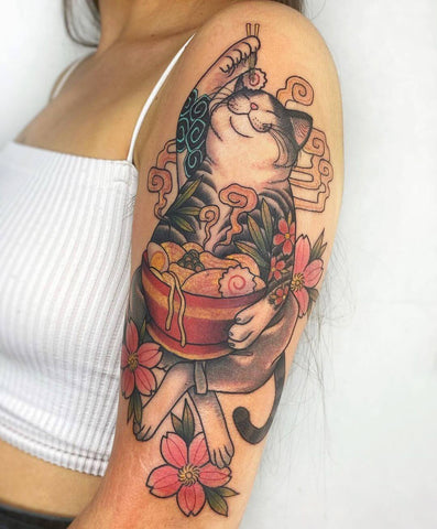 Japanese style cat pattern tattoo work