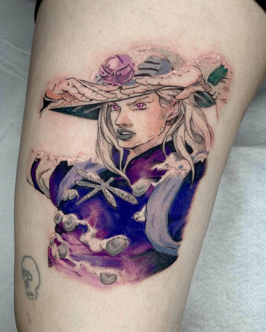 Colorful tattoo of the anime character Gyro Zeppeli