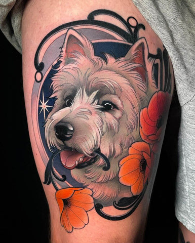 Neotraditional tattoo of Westie Dog & Poppies Flowers