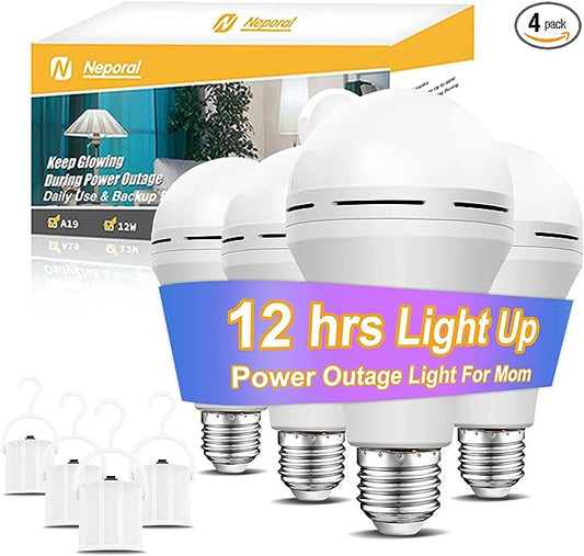 Neporal LITE Emergency Rechargeable Light Bulbs A19, Light Up to 48 hr