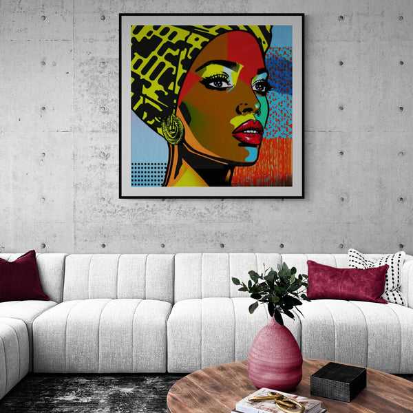 Tableau coloré visage femme noire dans le style pop art