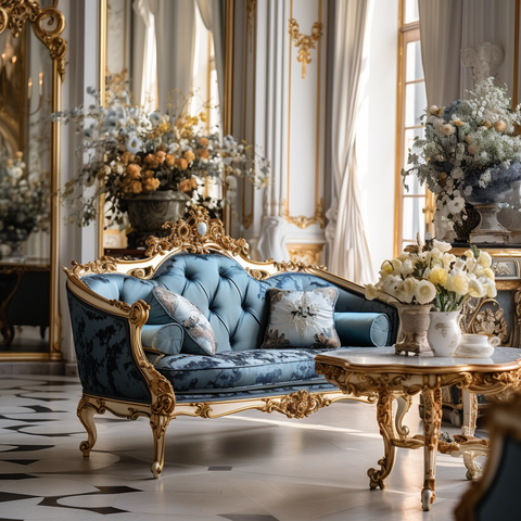 Opulent salon baroque, dorures élégantes, canapé bleu, miroirs, luxe.