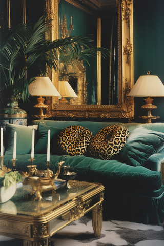 Salon Hollywood Regency, vert émeraude, doré, glamour, luxueux, élégant.
