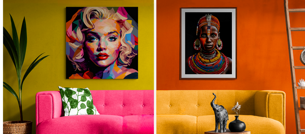 tableau pop art  et tableau africain dans un salon coloré