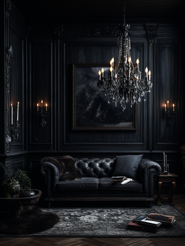 Salon gothique, sombre, élégant, chandelier, luxe, ambiance dramatique.