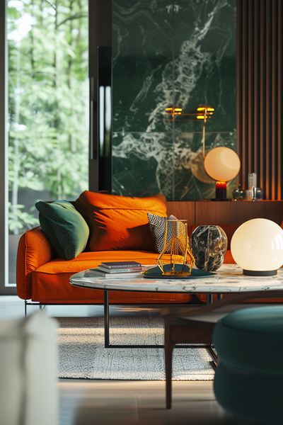 Un espace de vie contemporain avec un canapé orange vif, des coussins verts, un éclairage d'ambiance moderne, et un fond en marbre vert créant un contraste saisissant.