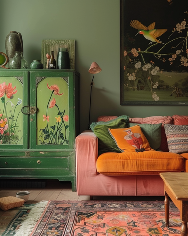 Un salon bohème chic coloré avec un canapé rose, des coussins oranges, un buffet peint en vert, et une décoration murale inspirée de la nature.