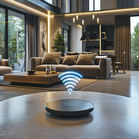 salon moderne et connecté où le confort rencontre la technologie, illustré par un appareil central de maison intelligente sur une table, dans un cadre élégant et contemporain.