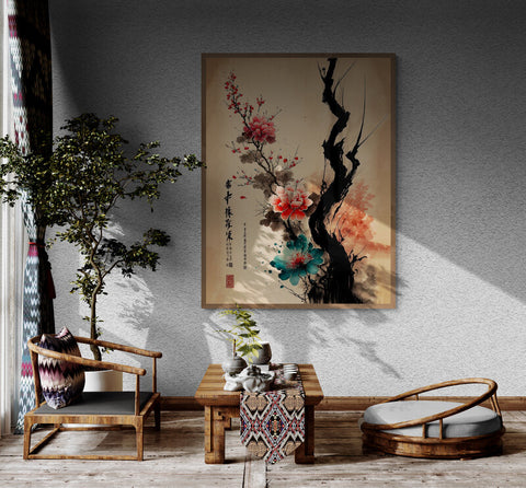 un coin salon de style japonais avec une table basse en bois, des chaises basses en bambou, et un service à thé, décoré par un grand tableau mural représentant des fleurs colorées et une branche d'arbre, complété par une plante verte en pot.