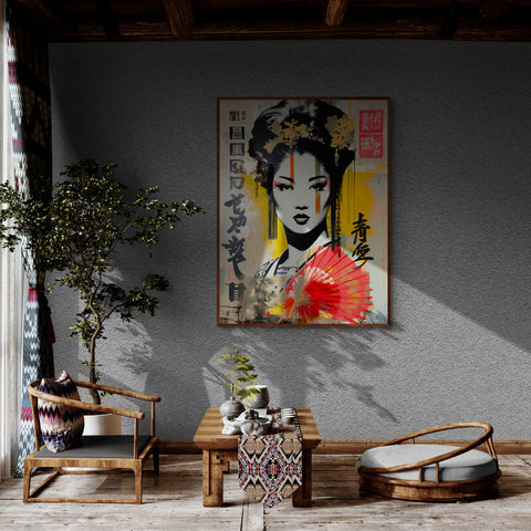 meuble ethnique asiatique, décoration murale geisha